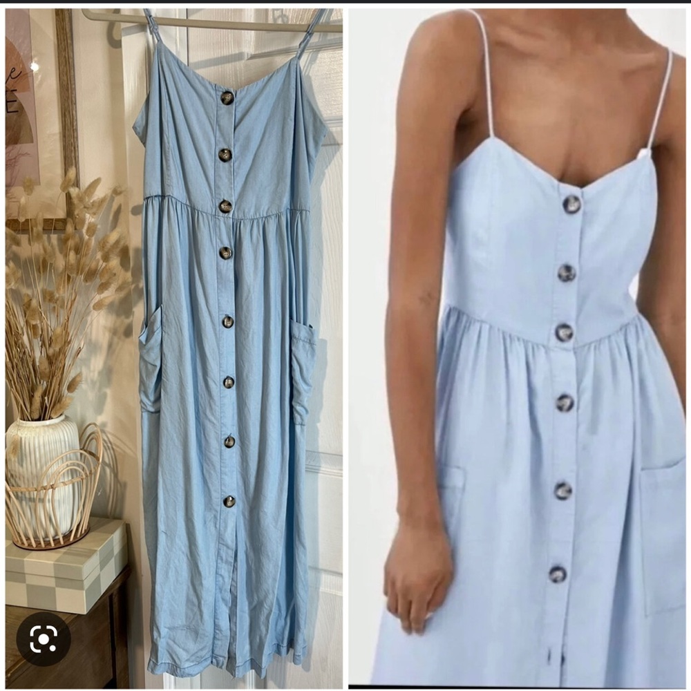 zara sundress button down midi blue pockets large spring summer lightweight NWT